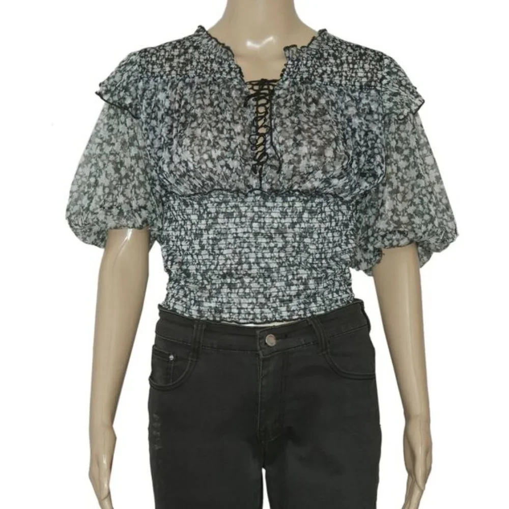 Free People Beatrice Lace-Up Top Printed Sheer Smocked Puff Sleeve